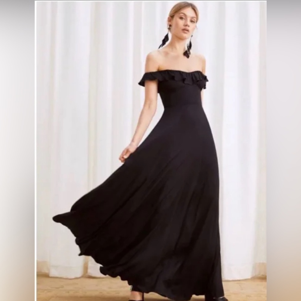 Reformation off the shoulder black floor length dress